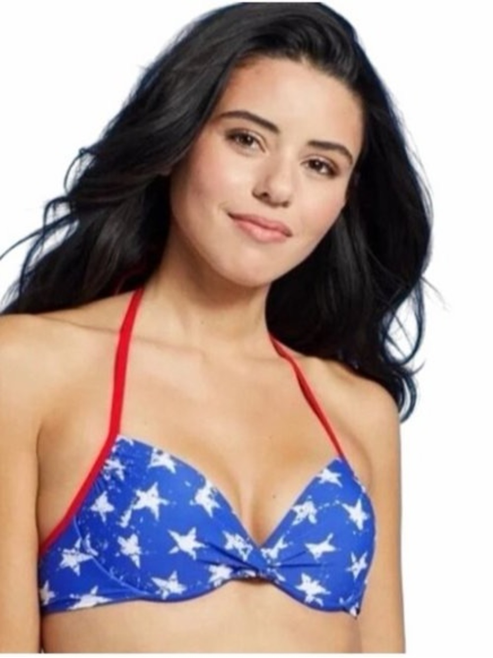 Blue Star Print Bikini Top with Red Straps